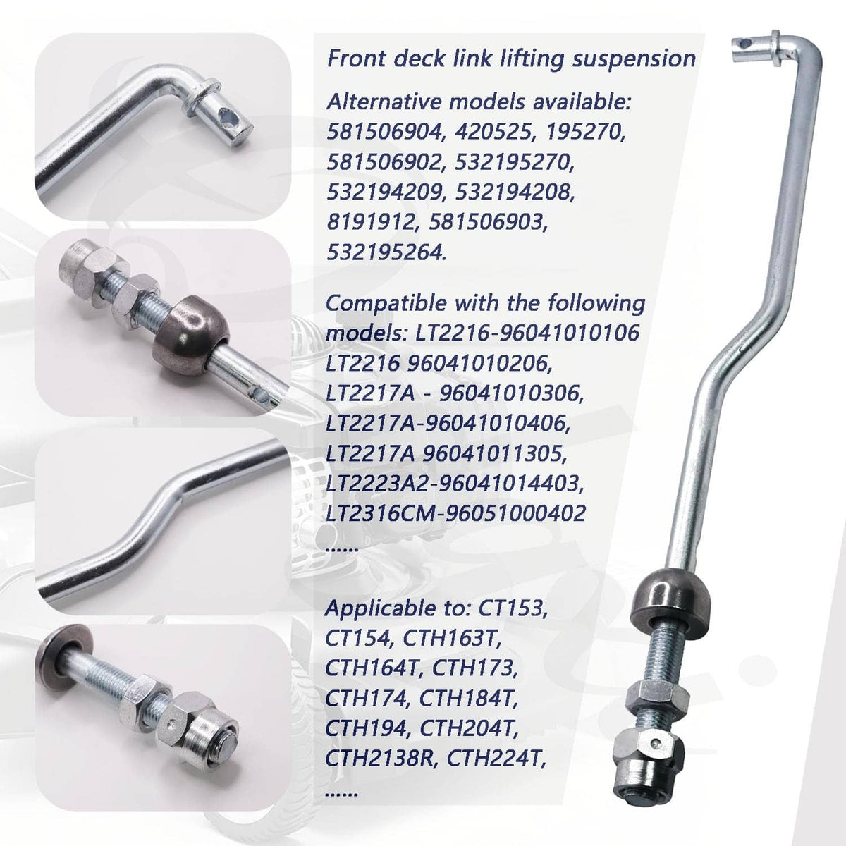 Front deck lift suspension link with threaded bolt and matching washers and clips