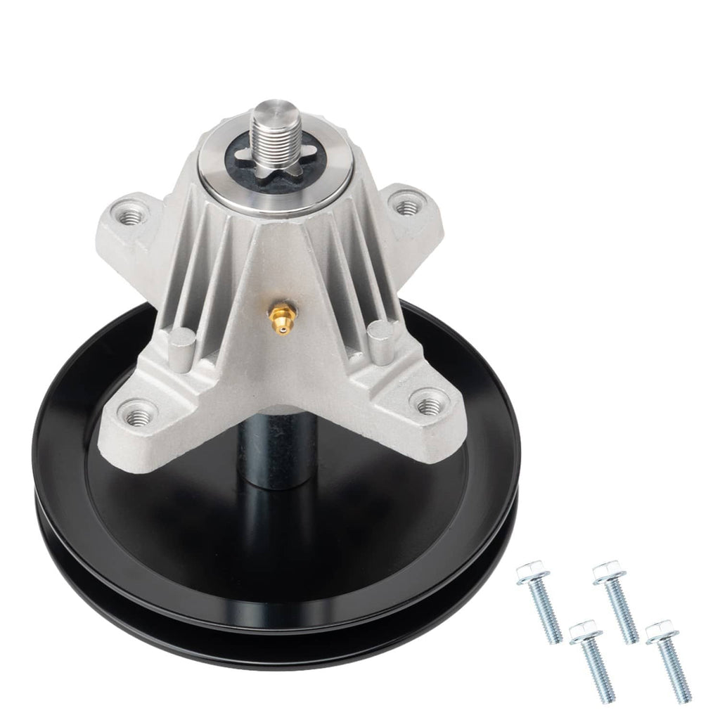 Metal mower spindle assembly with silver housing, black pulley, and central threaded stud