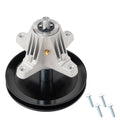 Metal mower spindle assembly with silver housing, black pulley, and central threaded stud