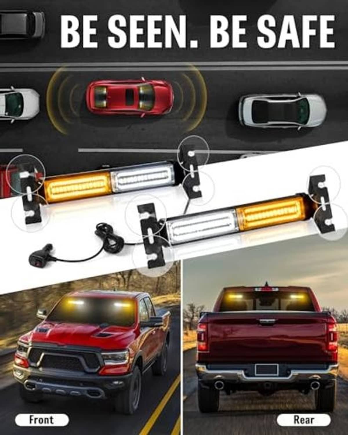 Amber/white traffic advisor light bar with magnetic-style mounts and power cable