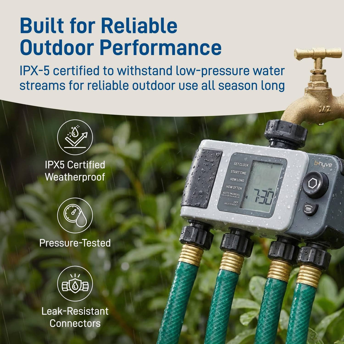 Gray 4-port smart hose timer with four teal hoses and LCD screen, with water droplets