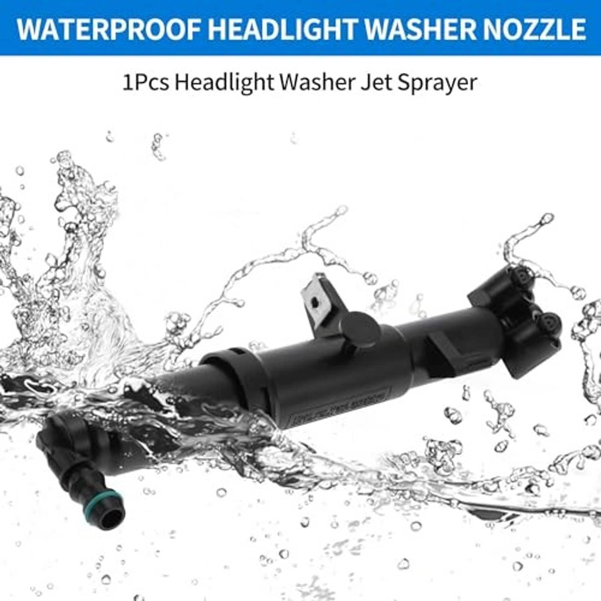 Headlight washer nozzle jet sprayer with water splash graphic; black body and green inlet