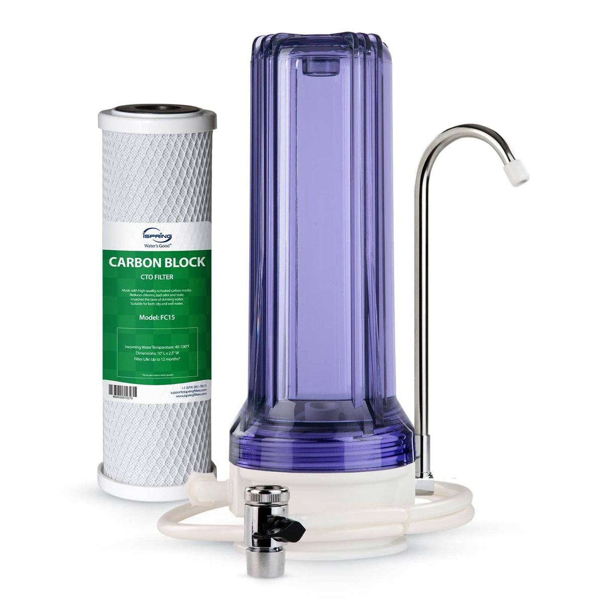 Countertop water filter housing with purple clear canister and chrome faucet spout
