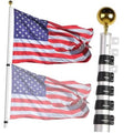 Silver telescopic flag pole with gold finial and black clasp bands, holding waving U.S. flag