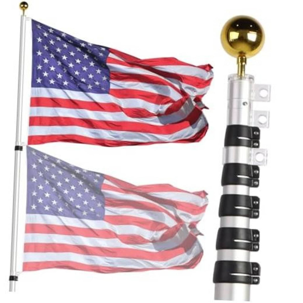 Silver telescopic flag pole with gold finial and black clasp bands, holding waving U.S. flag