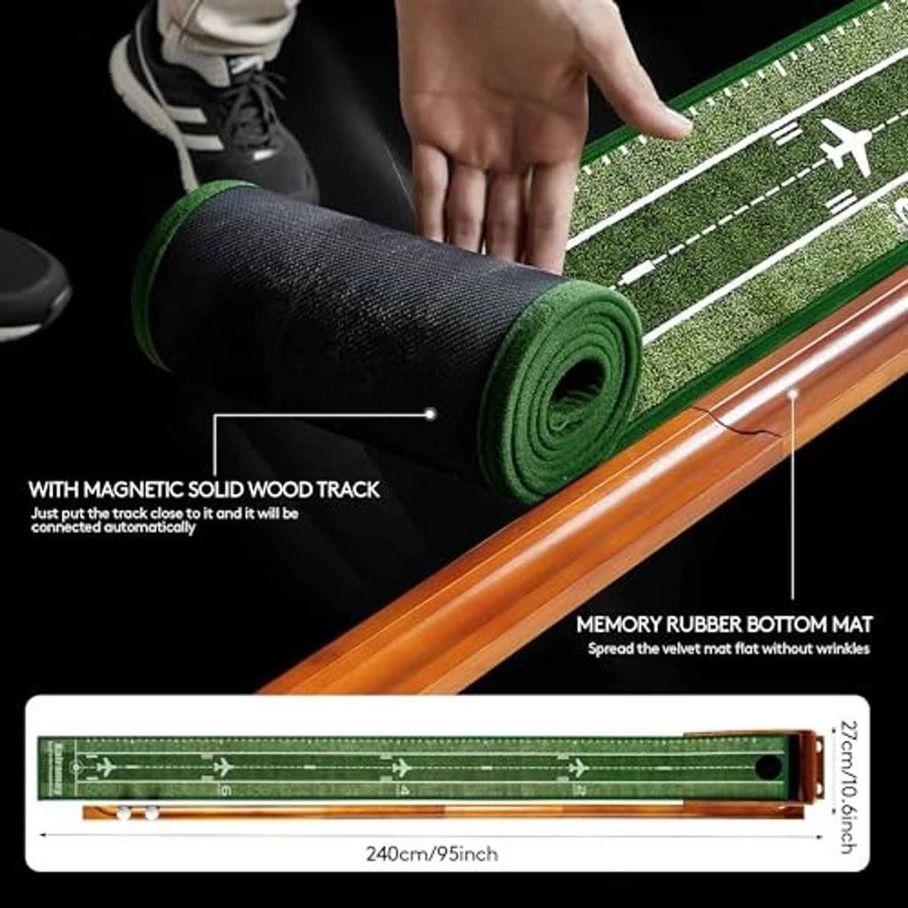Rolled green putting mat beside wooden track base for indoor golf practice