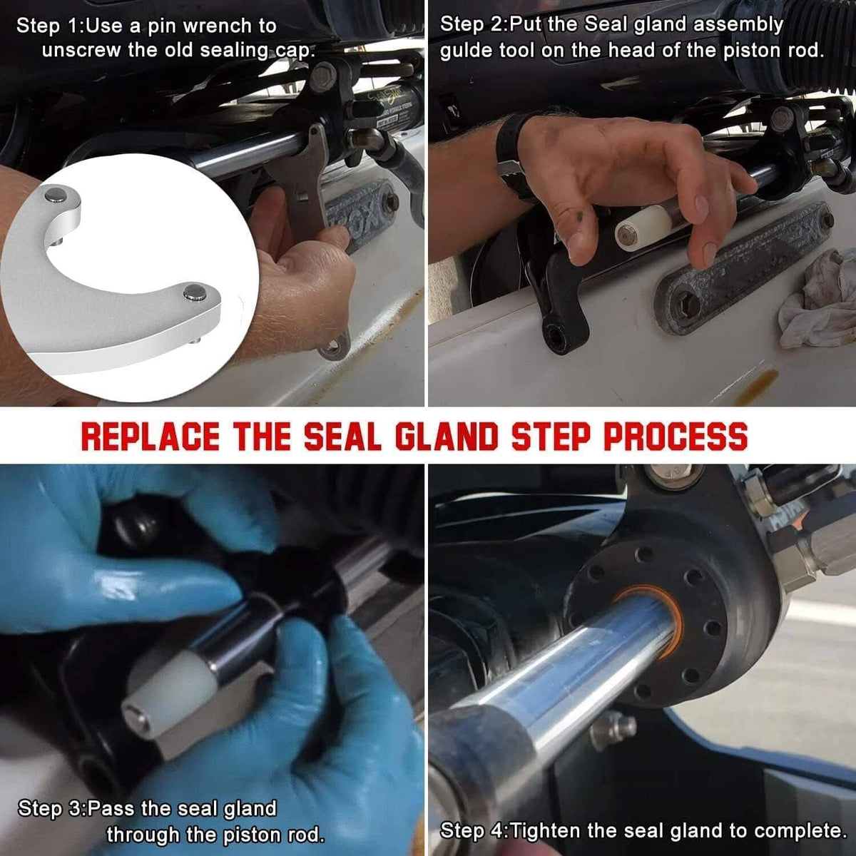 Hydraulic steering seal gland cap with bolt holes and orange gasket ring