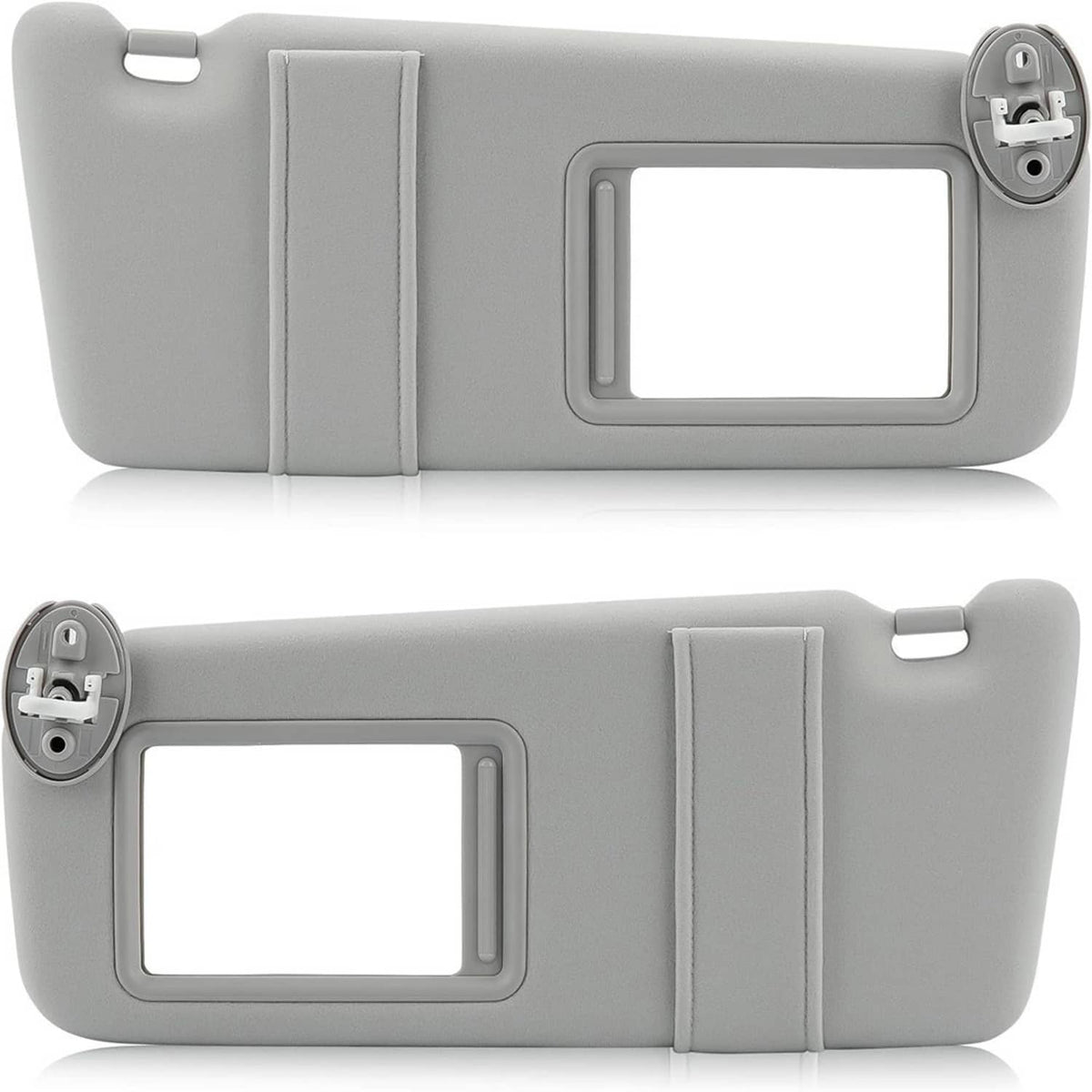 Gray sun visors set with vanity mirrors, showing both mounting and interior clips