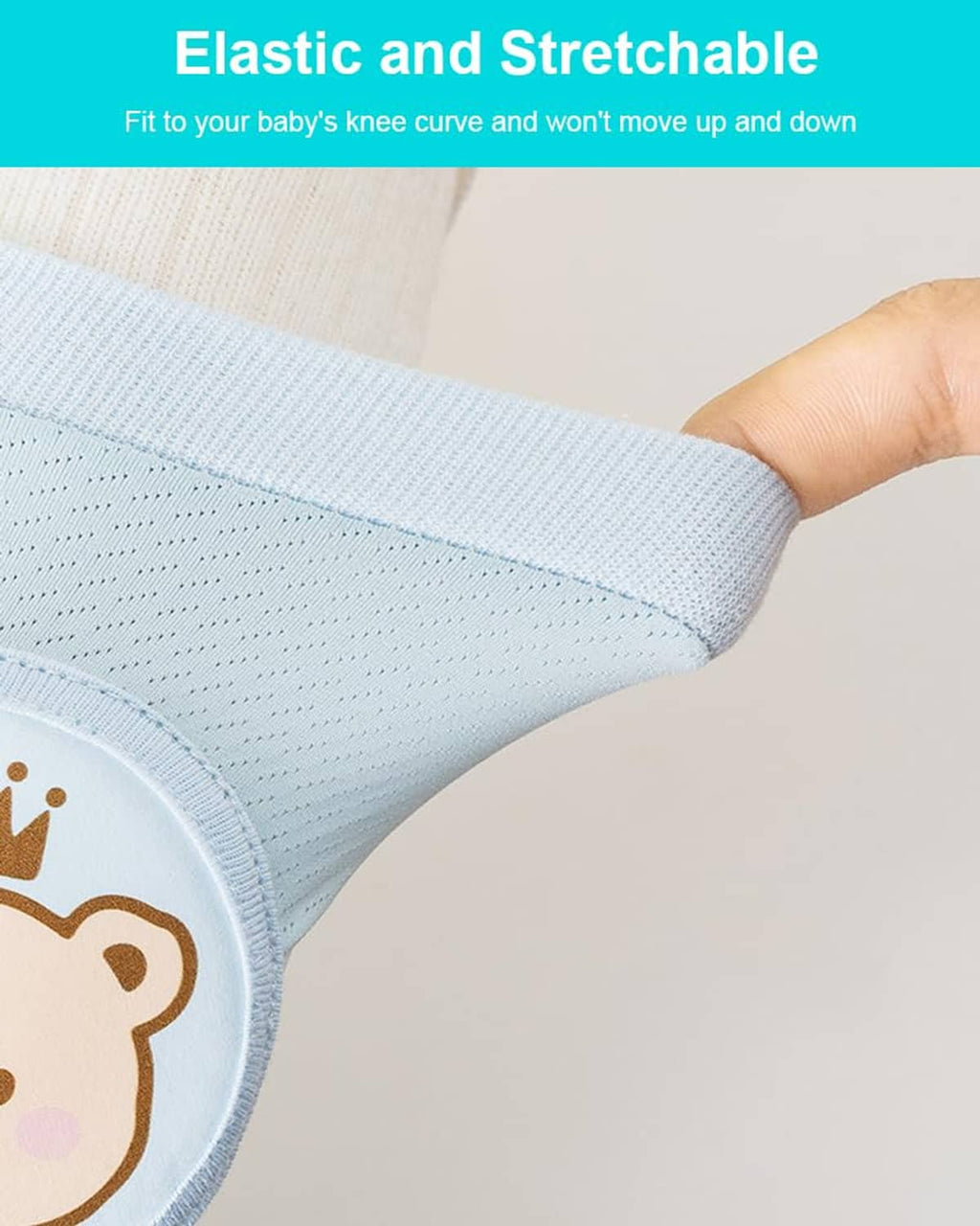 Stretchable baby knee pads with snug ribbed cuff and breathable knit fabric