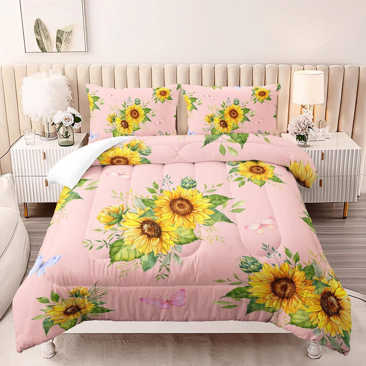 Pink sunflower comforter set with floral pillow shams and butterfly accents
