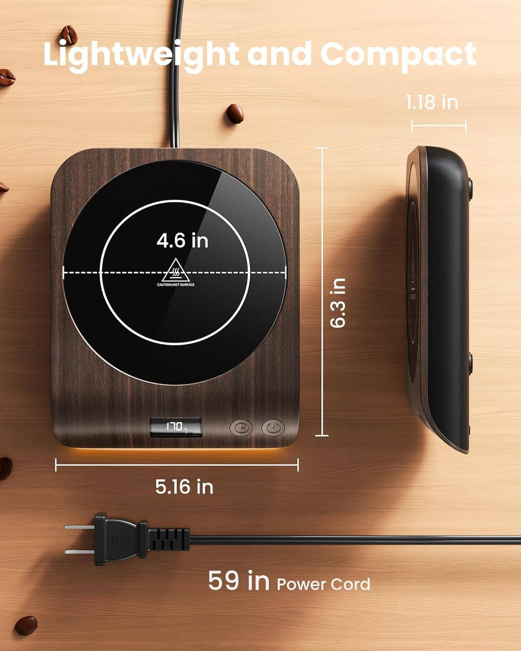 Coffee mug warmer compact side view with control panel and attached power cord