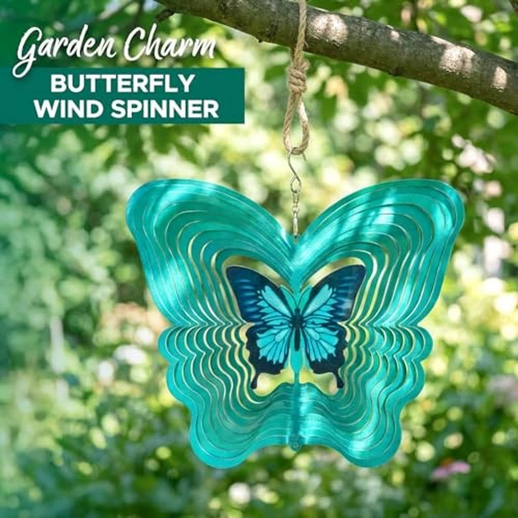 Turquoise 3D butterfly wind spinner hanging from a tree branch with metal loop