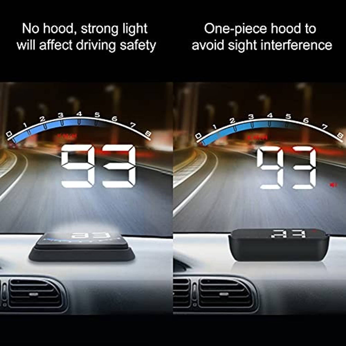 Car dashboard with HUD speed number projected and a dark hood covering the unit