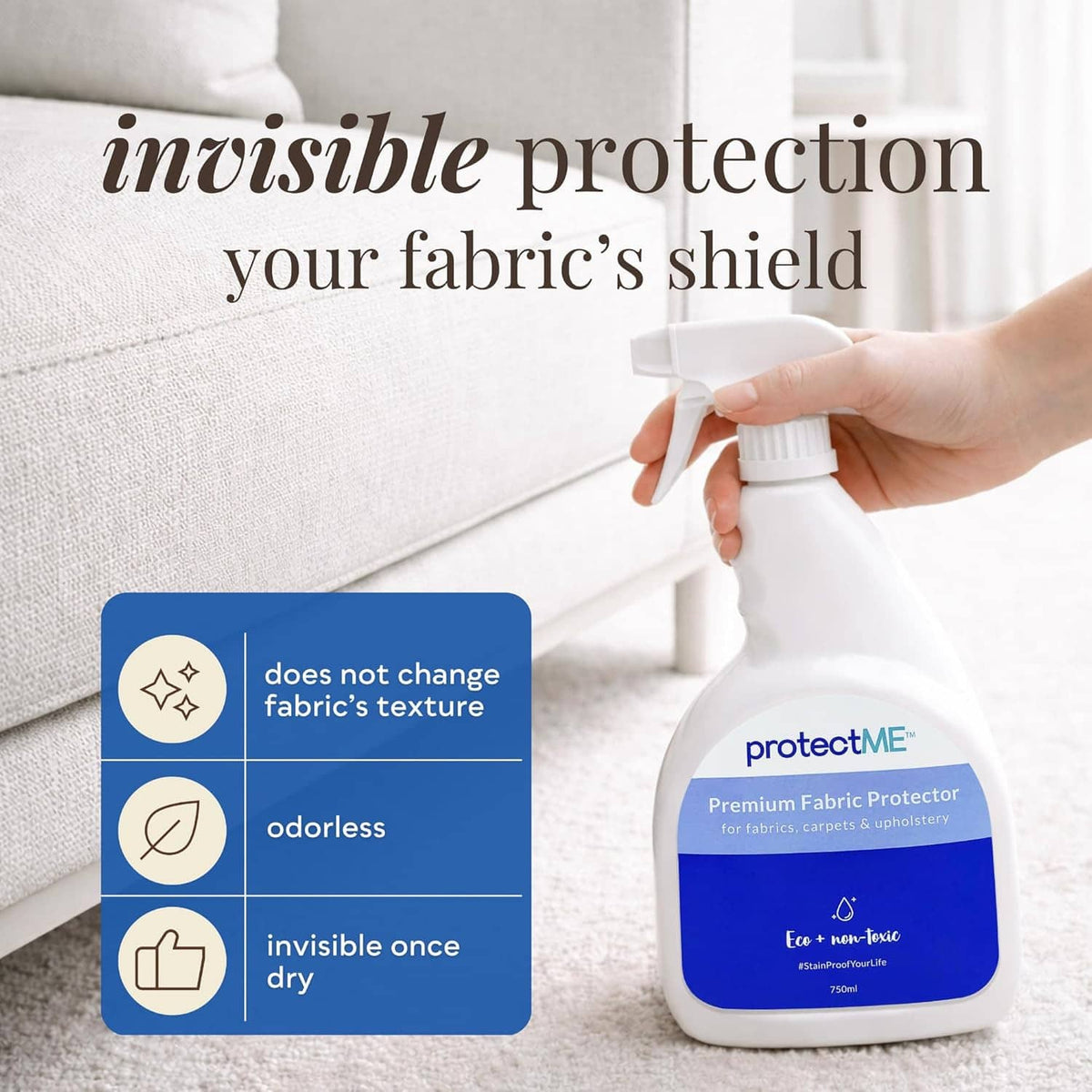 Hand spraying non-toxic fabric protector on light fabric sofa upholstery with spray bottle
