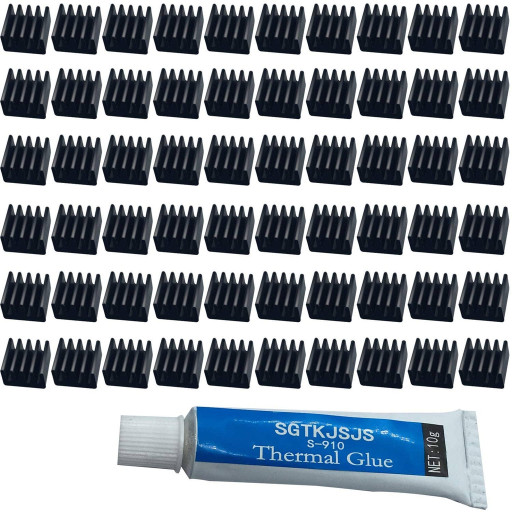 Mini heatsink kit: 60 black finned heatsinks and thermal glue tube