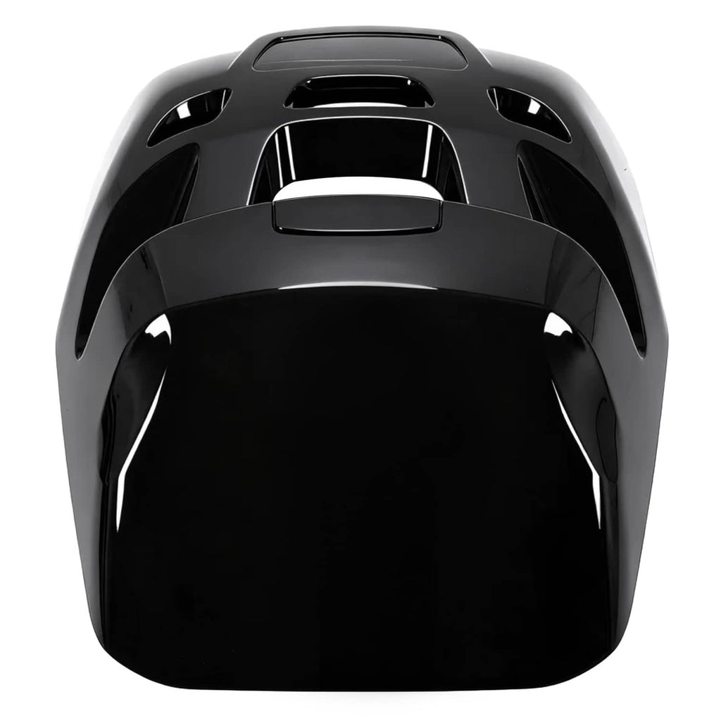 Black ABS marine outboard top cowling air dam cap with vent cutouts, front view