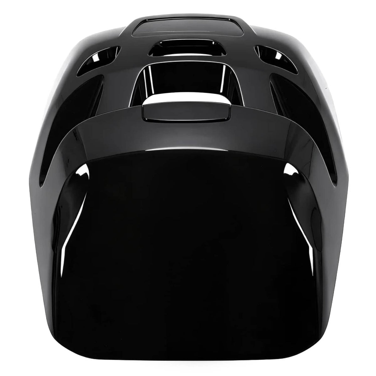 Black ABS marine outboard top cowling air dam cap with vent cutouts, front view