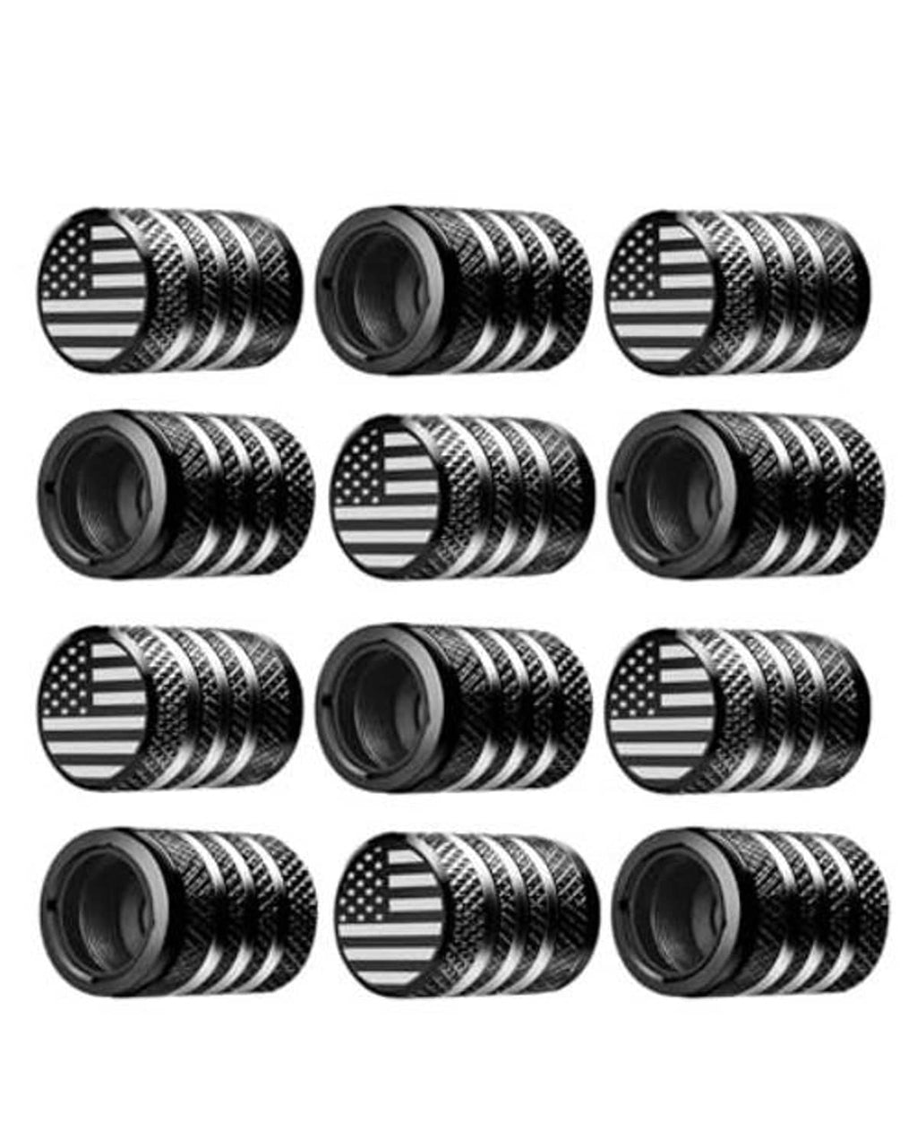 Tire valve stem caps 12-pack, black caps with American flag round insert and striped texture