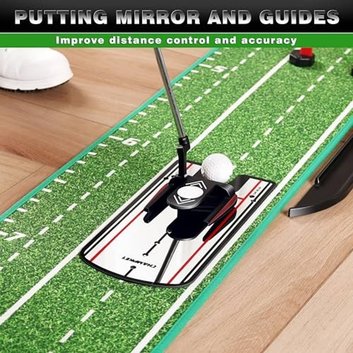 Indoor putting green with guide rails, mirror-style base, and a putting lane with golf ball.