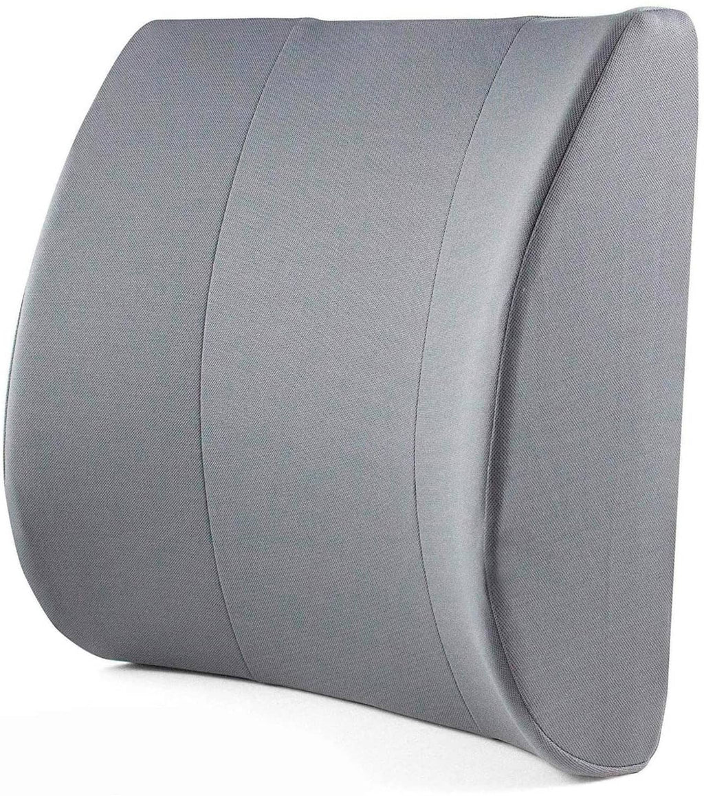 Gray curved lumbar support pillow for chair, with contoured shape and stitched seams