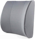 Gray curved lumbar support pillow for chair, with contoured shape and stitched seams