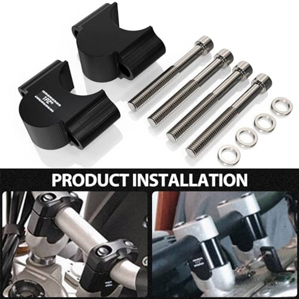 Black riser clamps with steel mounting screws, washers, and installation accessories