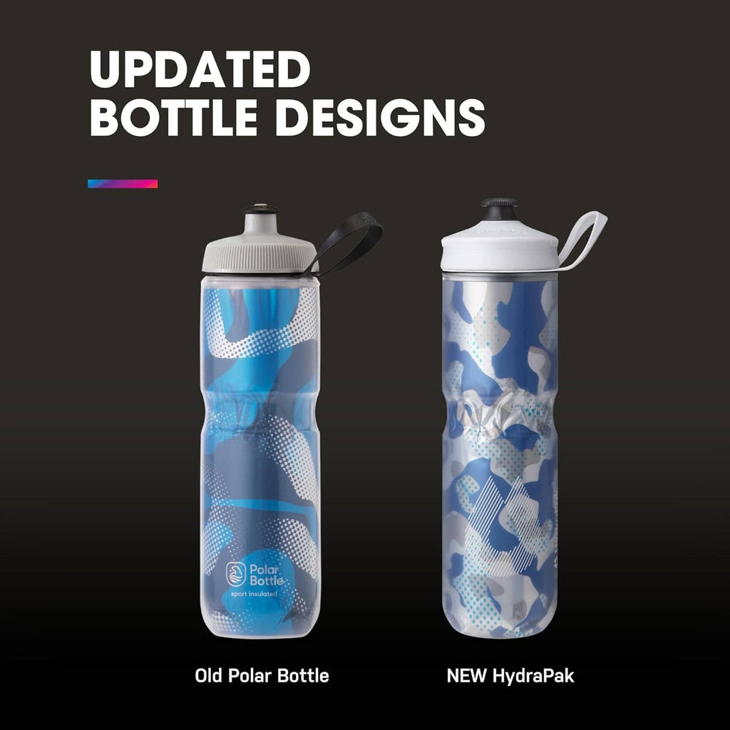 Insulated sport water bottle pair with blue camo print, black spout lids and carry handles