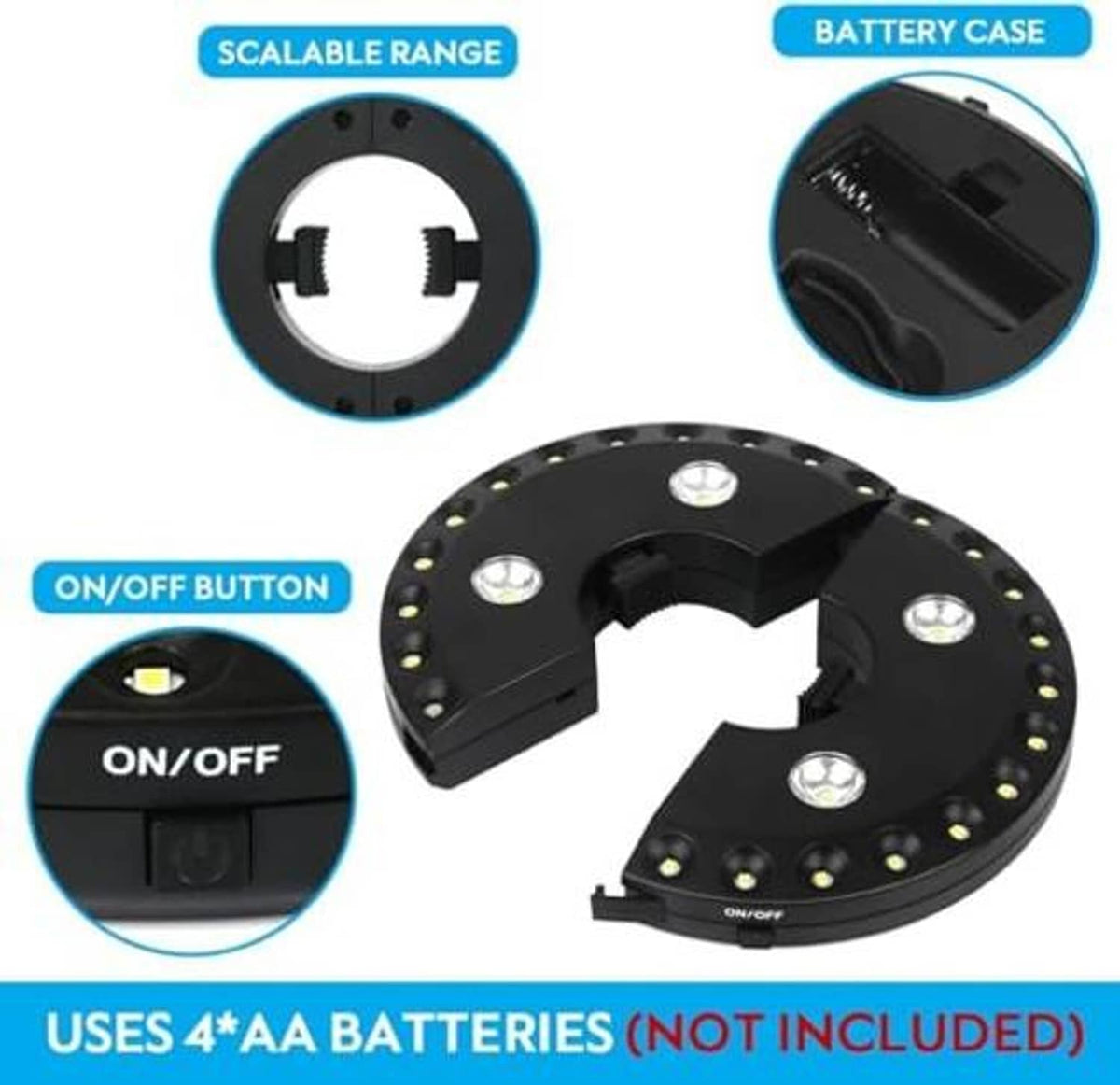Patio umbrella light battery case and on/off button for 4 AA batteries (not included)