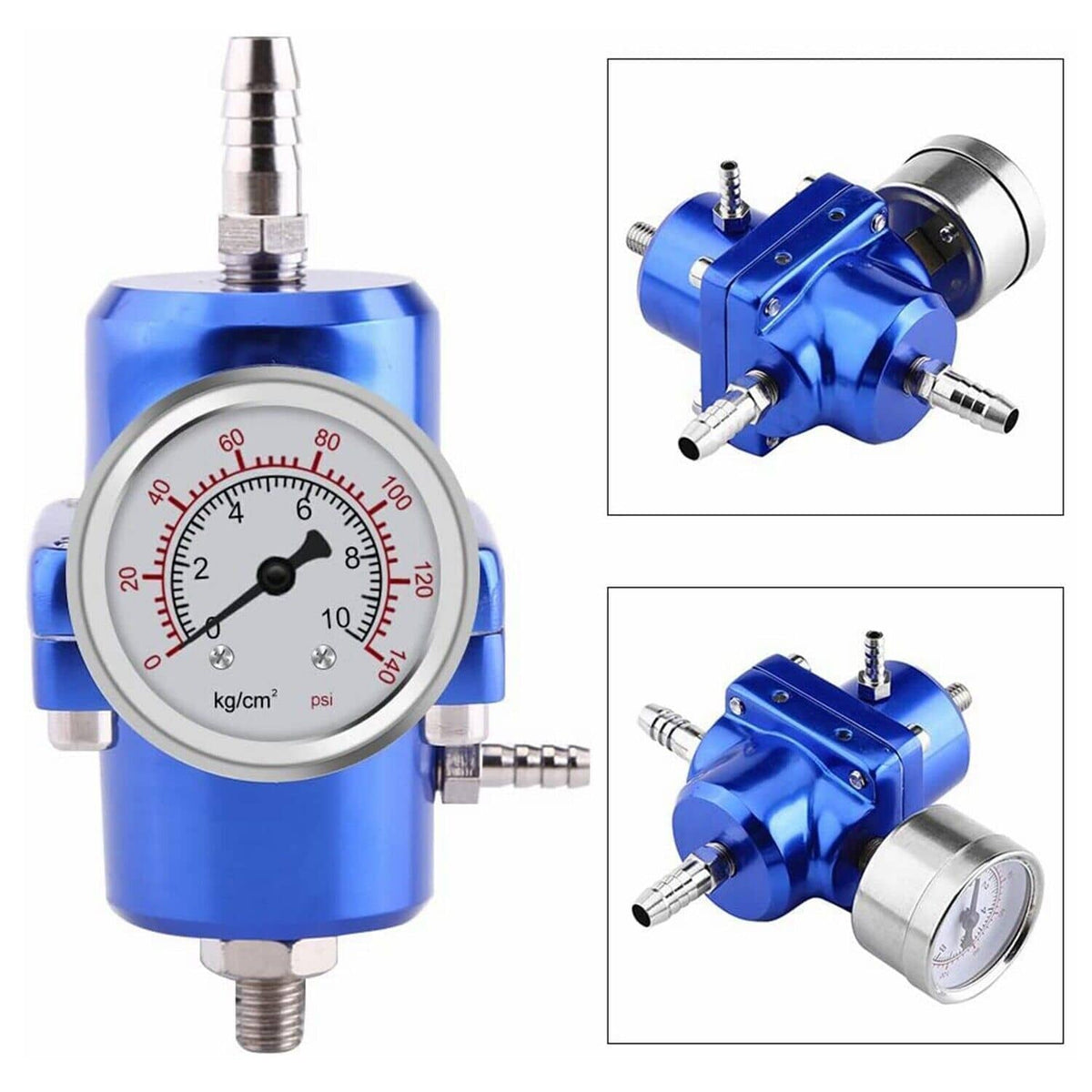 Blue aluminum fuel pressure regulator with round pressure gauge and metal threaded ports