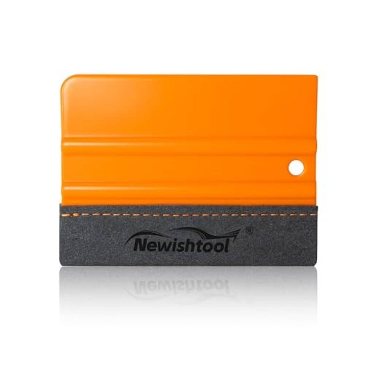 Orange vinyl wrap squeegee with stitched gray felt buffer pad and round hanging hole