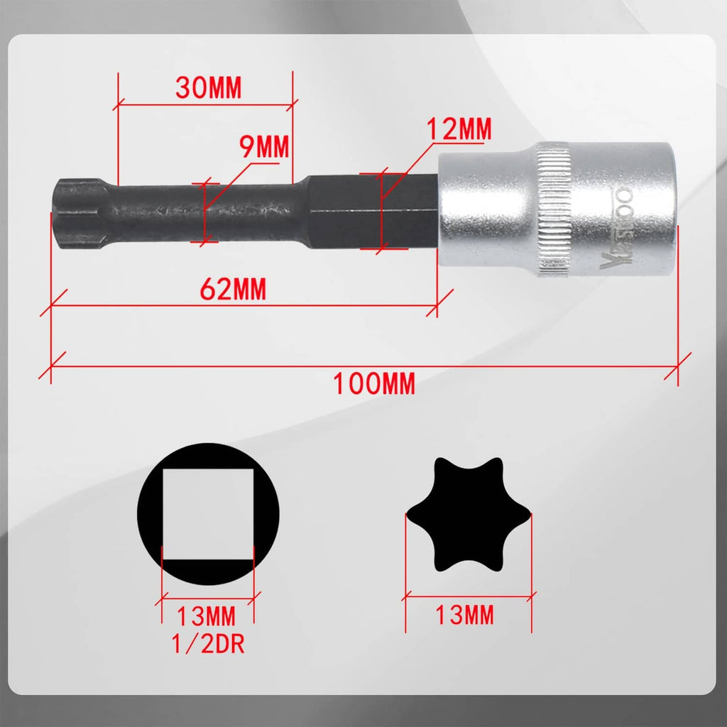 Flywheel bolt socket tool with star drive tip and silver ribbed socket, size diagram
