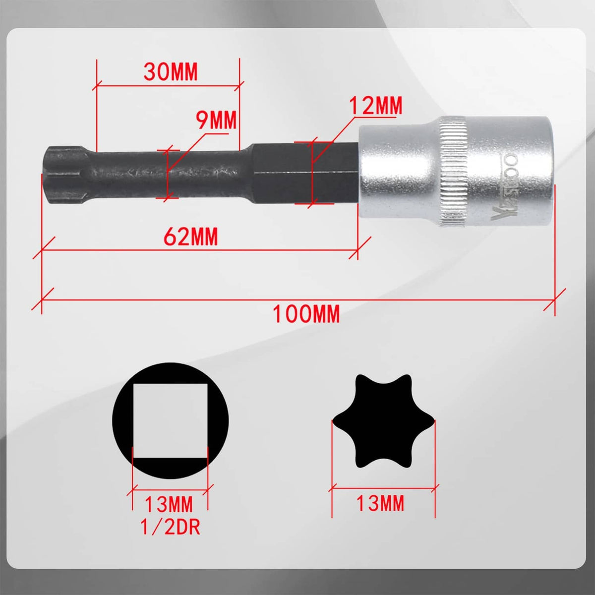 Flywheel bolt socket tool with star drive tip and silver ribbed socket, size diagram