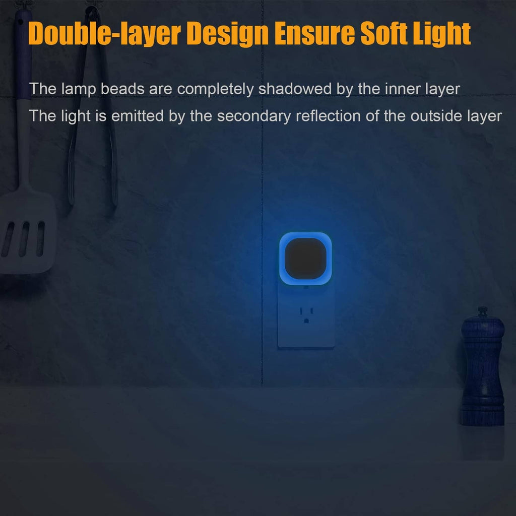 Plug-in night light showing soft blue illumination from a square face on a wall outlet