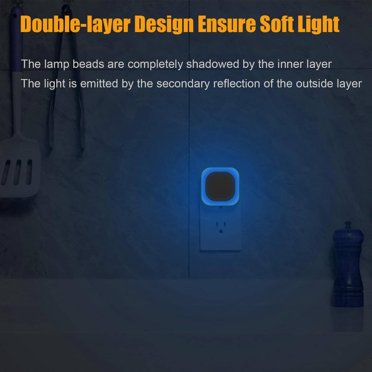 Plug-in night light showing soft blue illumination from a square face on a wall outlet