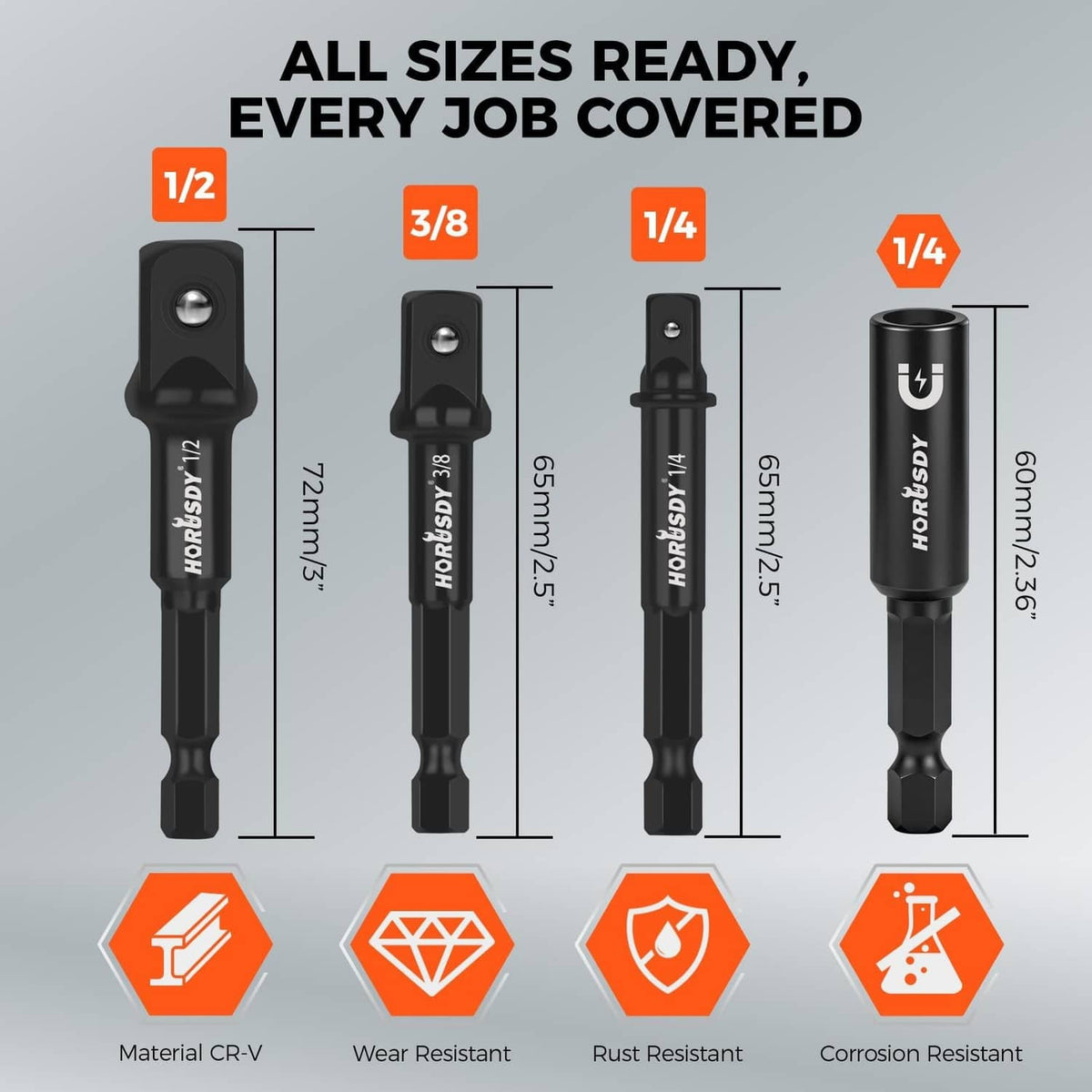 Black impact socket adapter set compatible with 1/2, 3/8, and 1/4 drive sizes