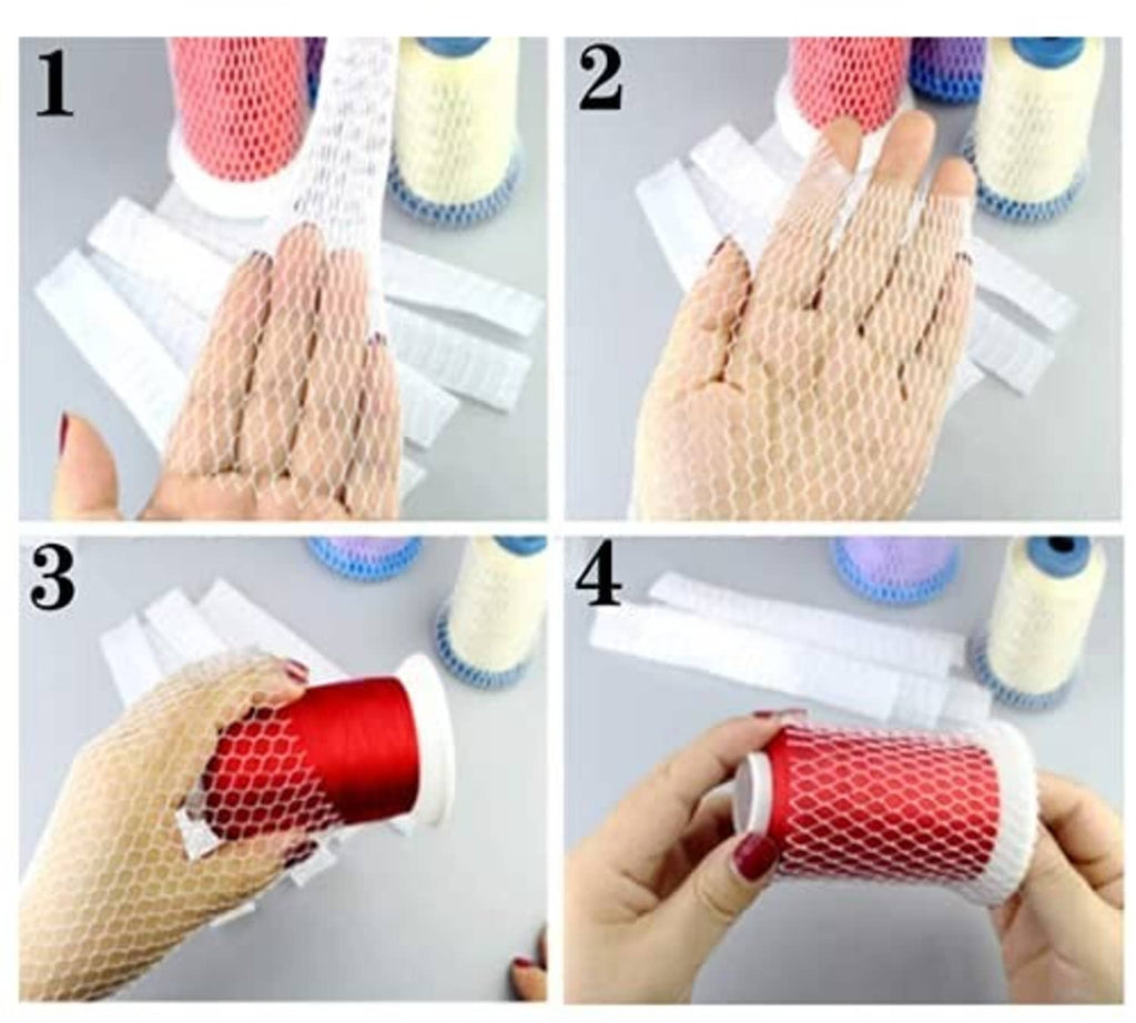 Beige thread spool netting sleeve being stretched over a spool by hand