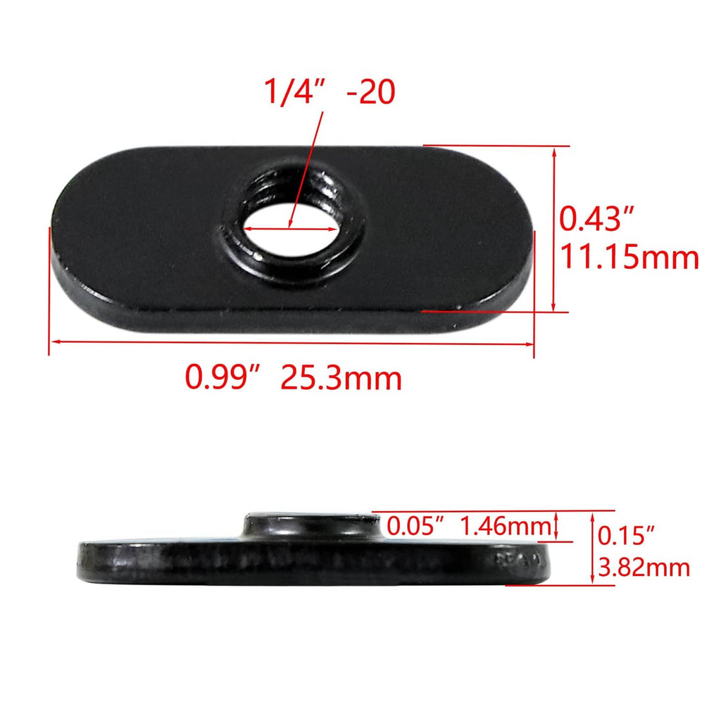 Black 1/4-20 centered slide T-nut dimensions: 0.99in x 0.43in