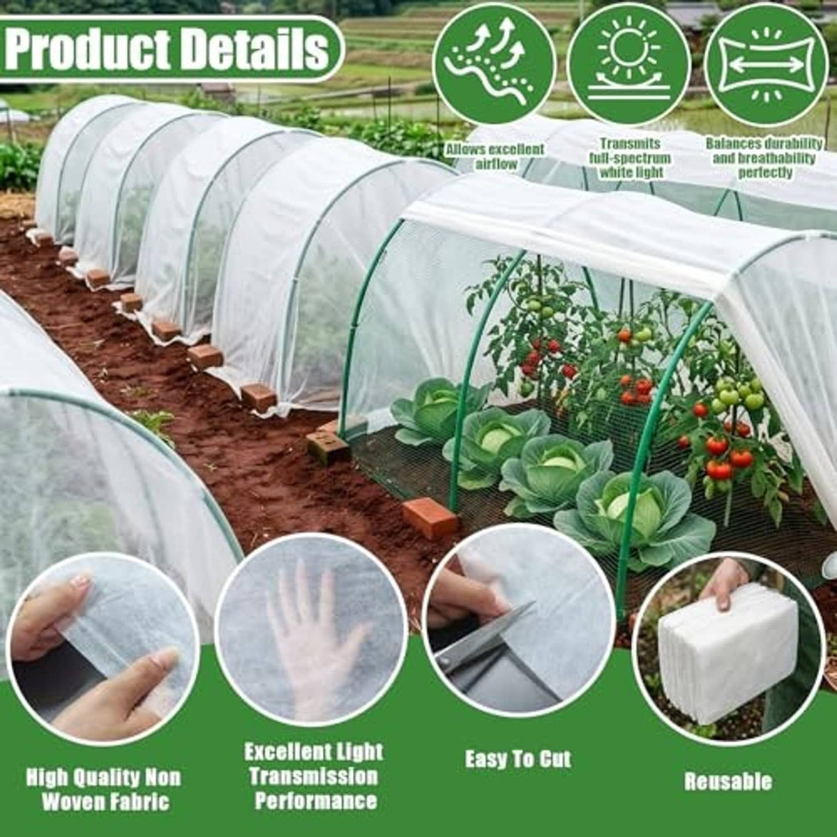 Row of white non-woven plant tunnel covers with green support clips along garden beds.