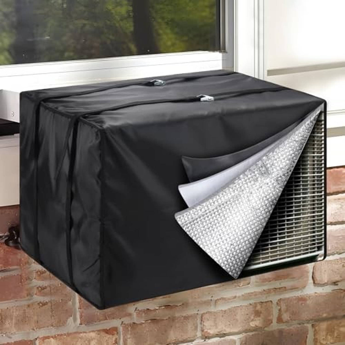 Black window air conditioner insulation cover with silver reflective side panel