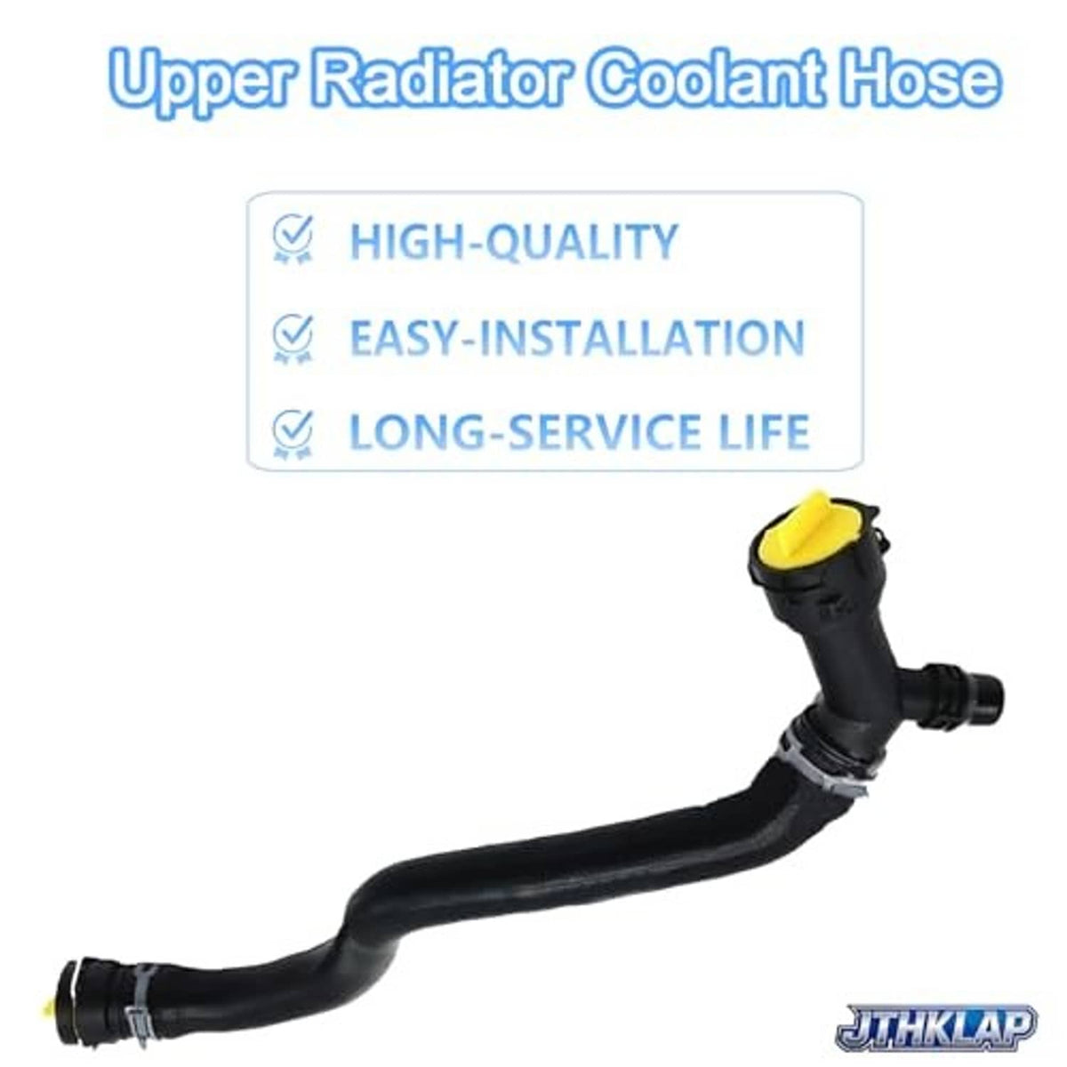 Black upper radiator coolant hose with yellow connector and curved form