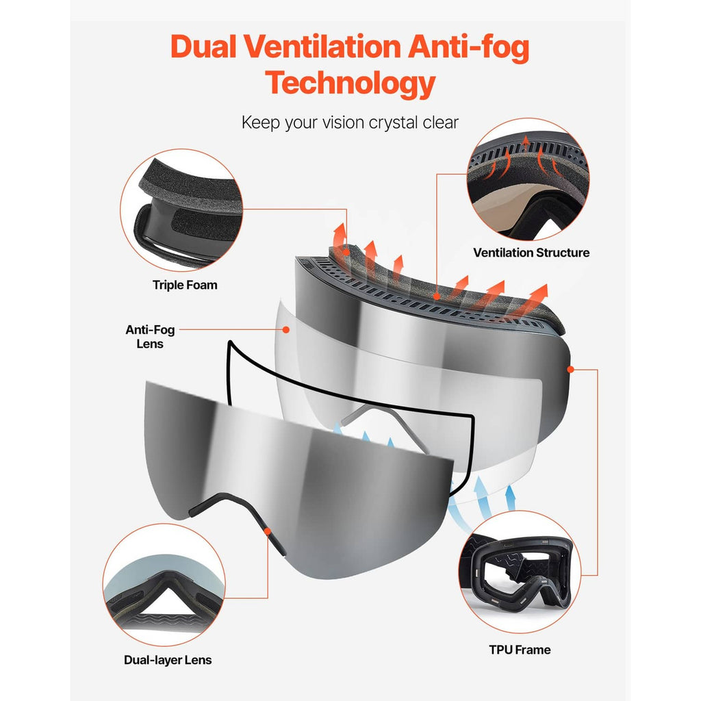 Silver dual-layer ski goggles with anti-fog vented frame and dual-lens design.