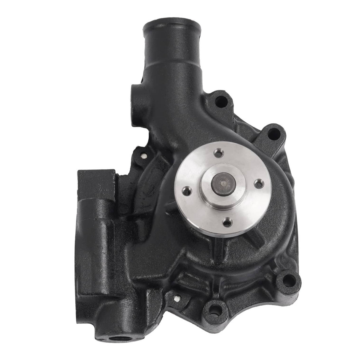 Water pump assembly with black housing and circular metal cover, mounting holes visible