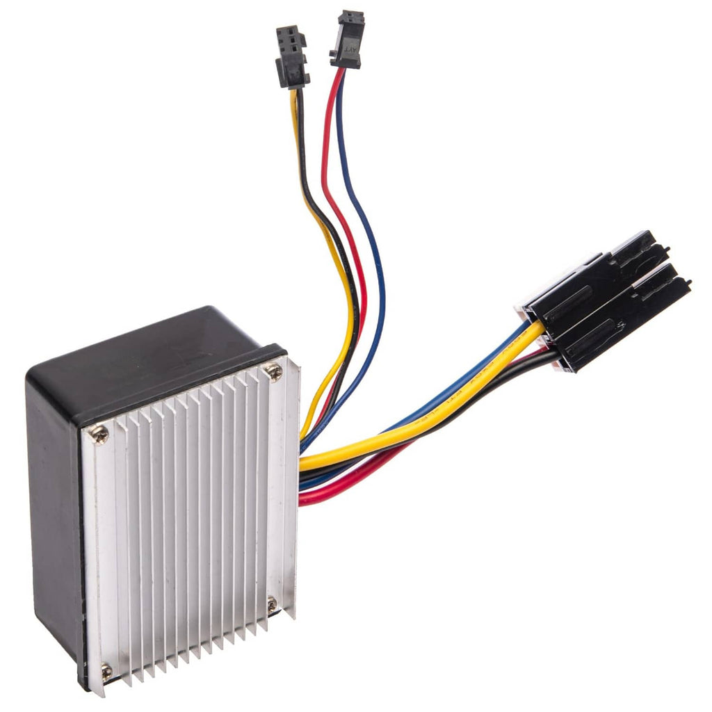 Ride-on car control module with finned heatsink and twin wiring plugs