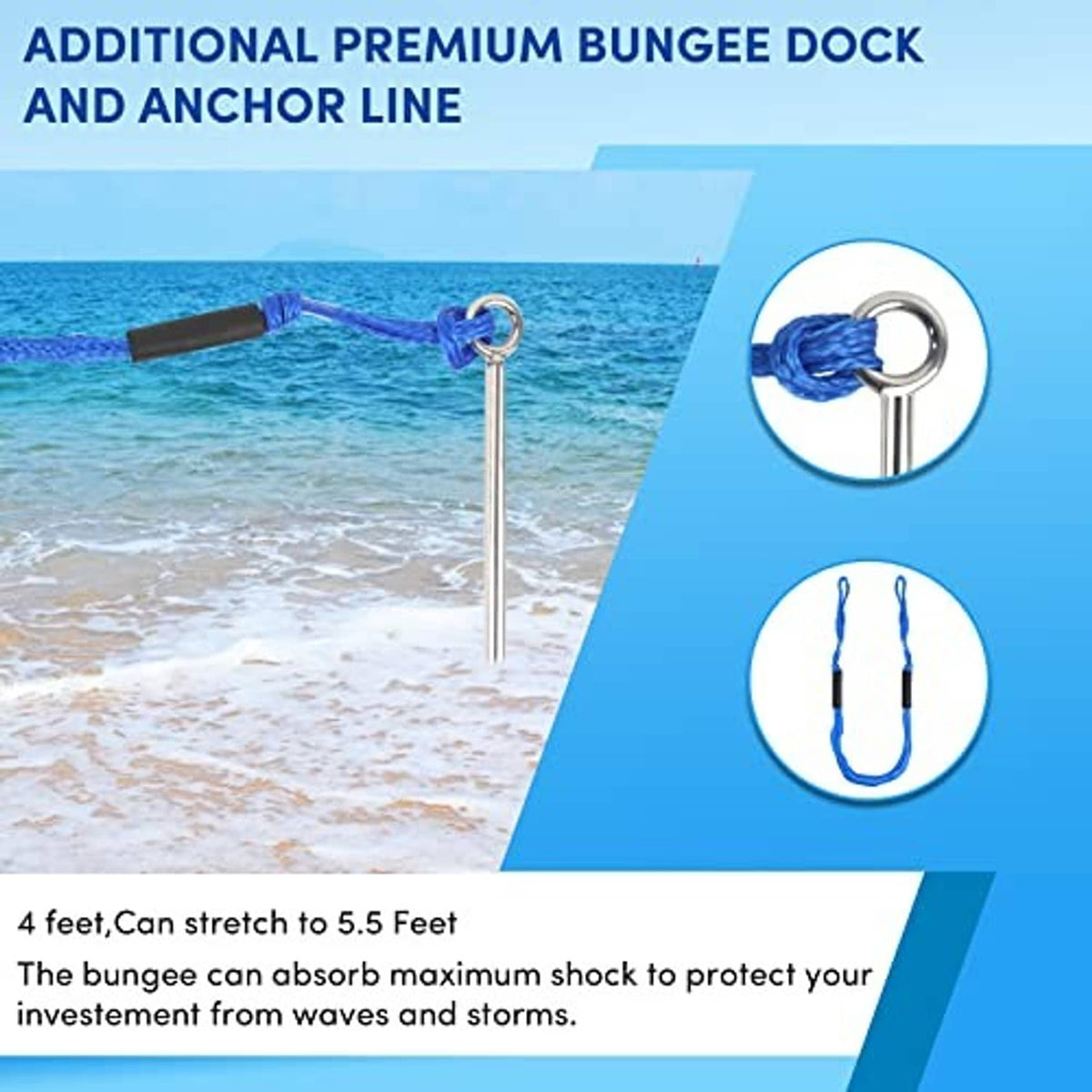 Sand anchor with chrome shaft and blue bungee dock and anchor line