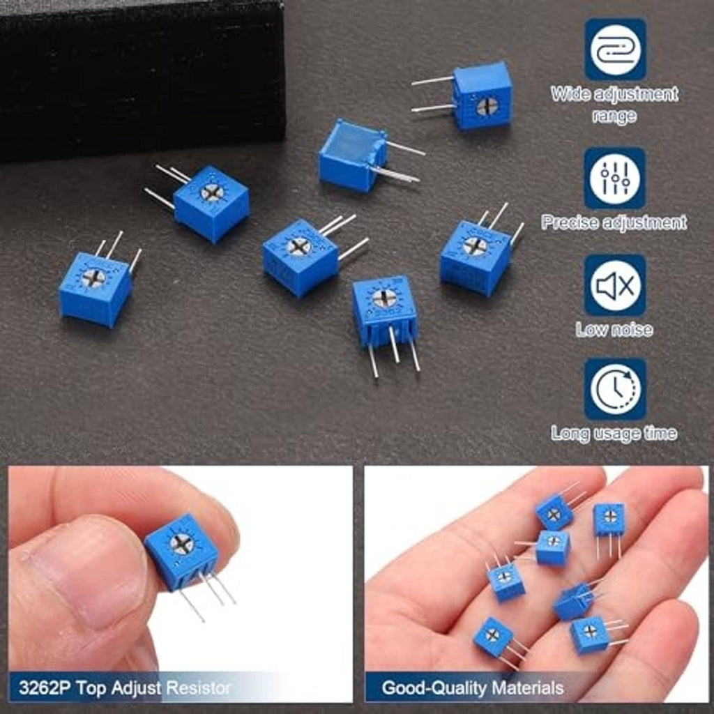 Blue trimmer potentiometers with 3-pin leads, shown on dark surface and in hands