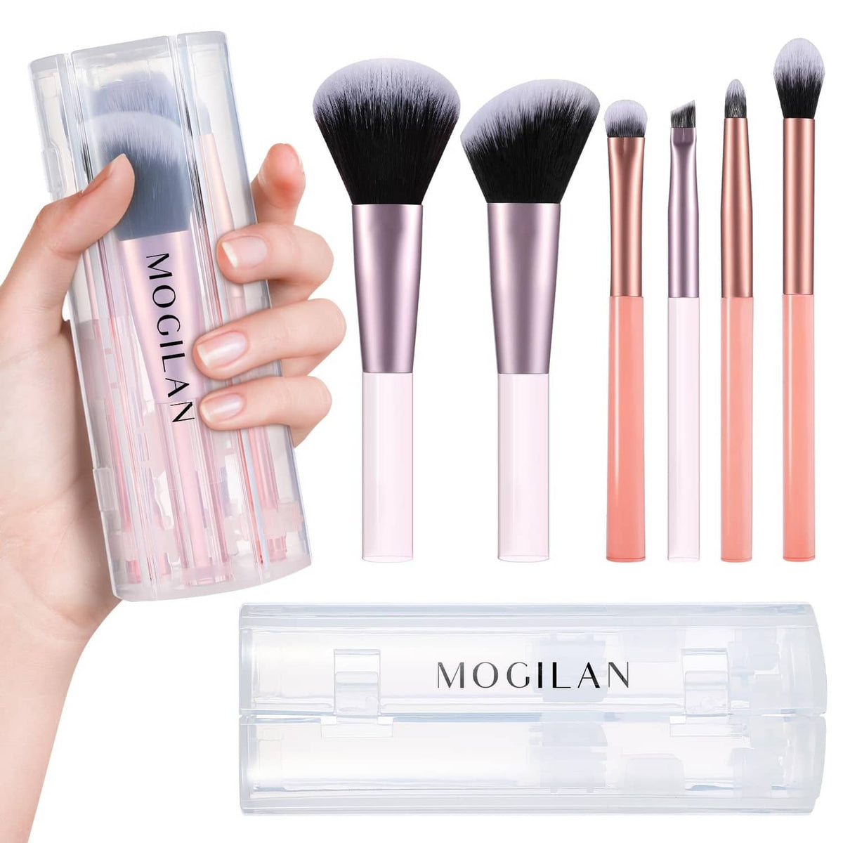 Travel makeup brush set with hand holding clear pink case and 6 mini brushes