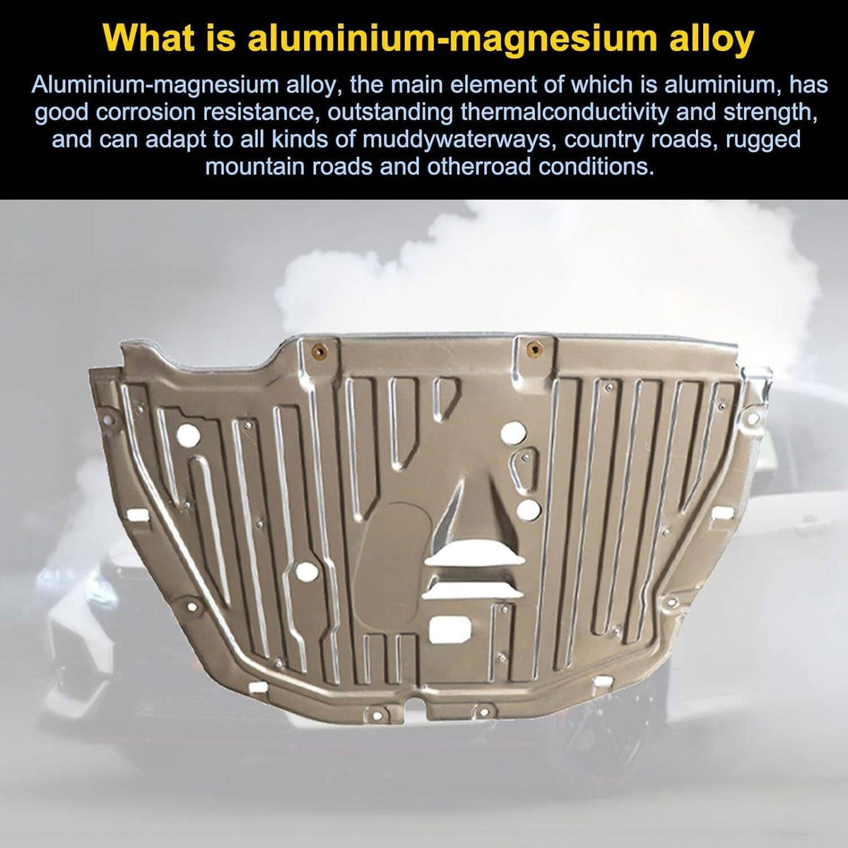 Engine splash guard underbody shield with silver finish and front triangular mounting cutout