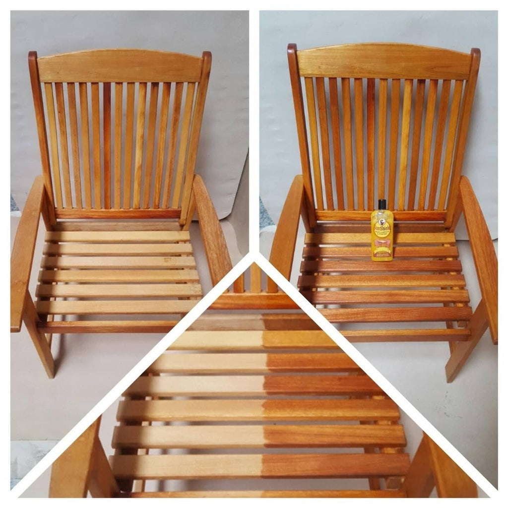 Wood outdoor chair with glossy sealed finish on the slats