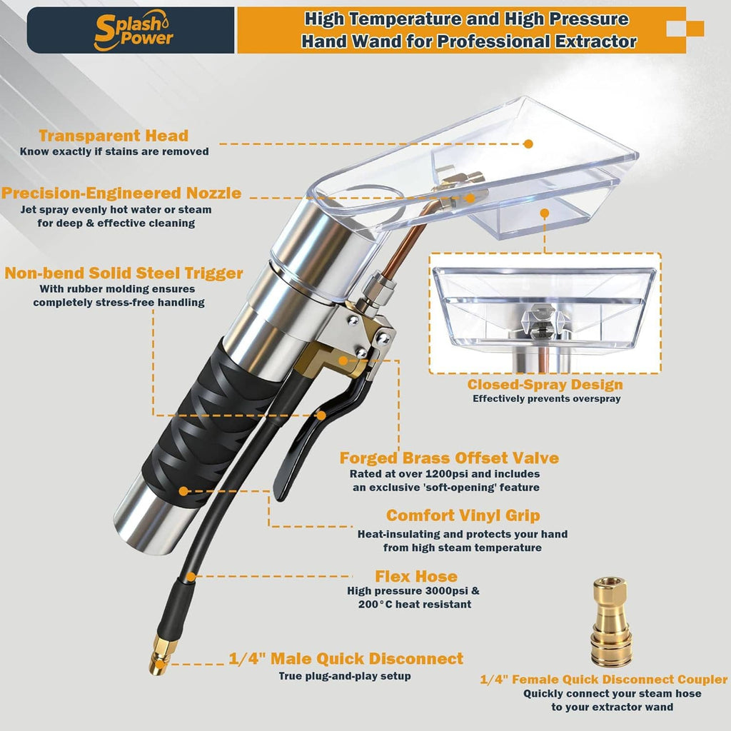 Clear spray head extractor wand parts diagram with nozzle, brass valve, and flexible hose