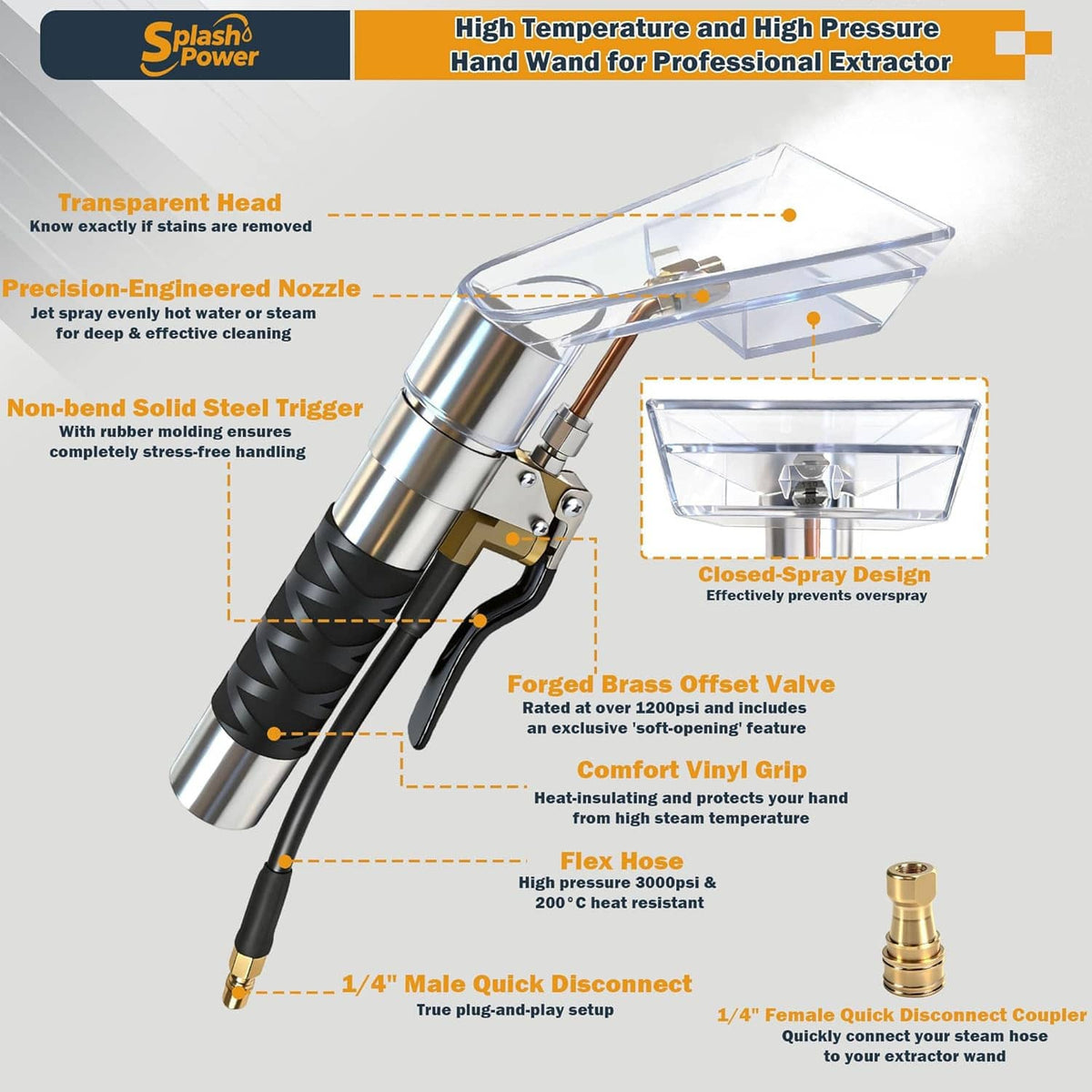 Clear spray head extractor wand parts diagram with nozzle, brass valve, and flexible hose